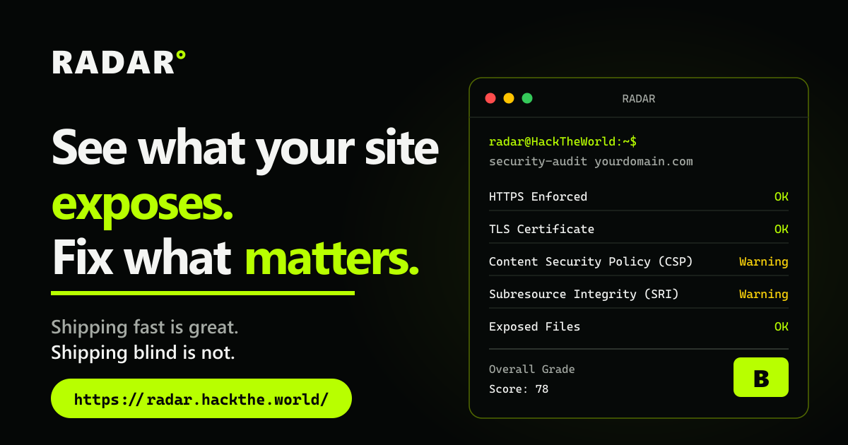 I built Radar, a free website security scanner. Try it on a site you own and tell me what it gets wr logo
